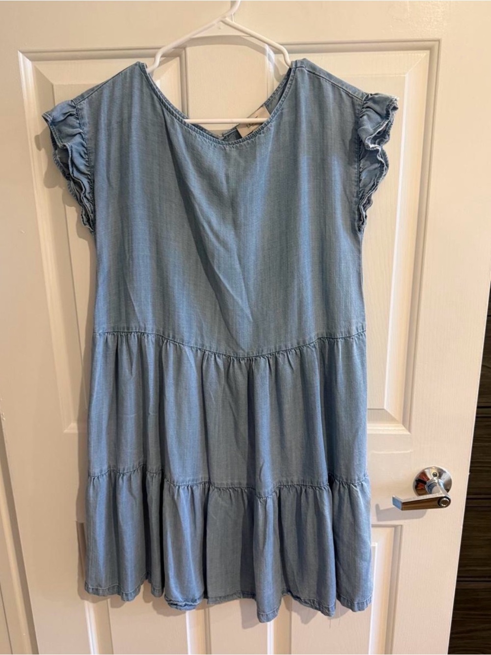 LOFT Light Blue jean Ruffle Sleeve Tiered  Dress